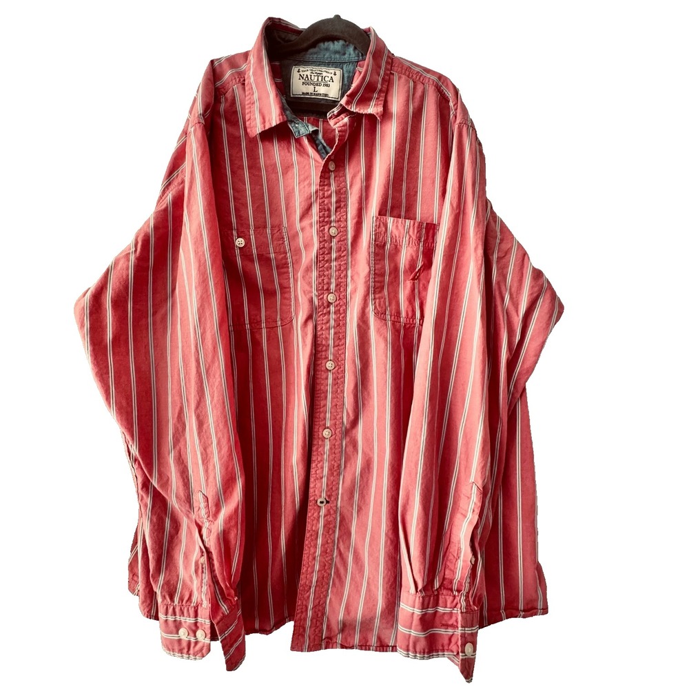 Nautica Men's Large Washed Coral Striped Button Down Shirt Coastal Preppy Cotton